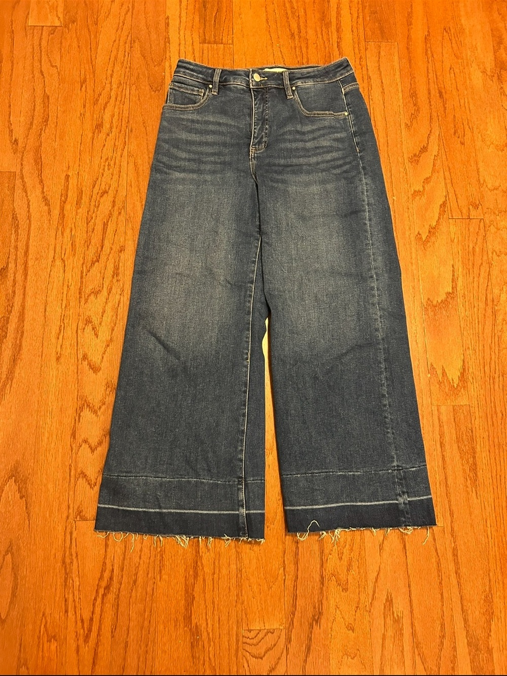 RISEN High Rise Wide Leg Crop Jeans Size 13/31 Medium Wash Raw Hem - Picture 4 of 8